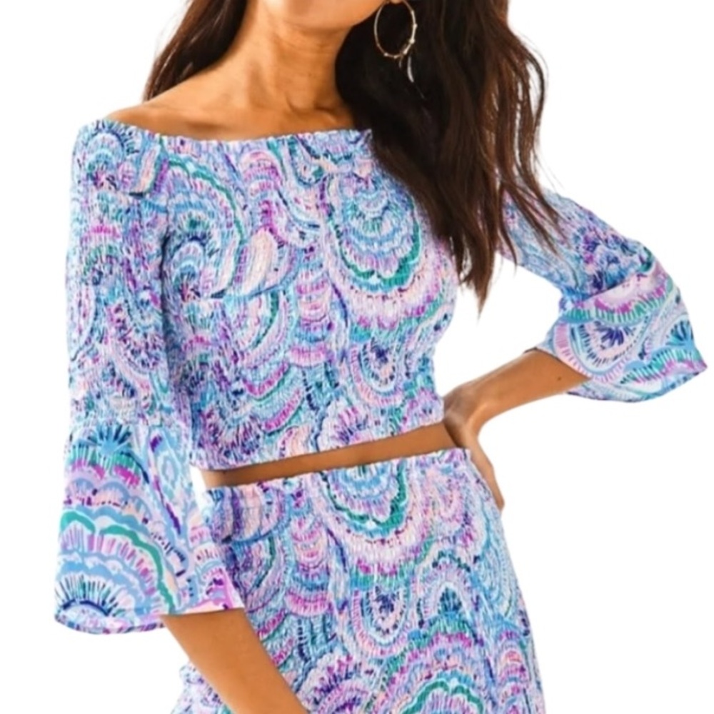 Lilly Pulitzer Soren Happy As A Clam Shell Print Smock Off Shoulder Crop Top - M